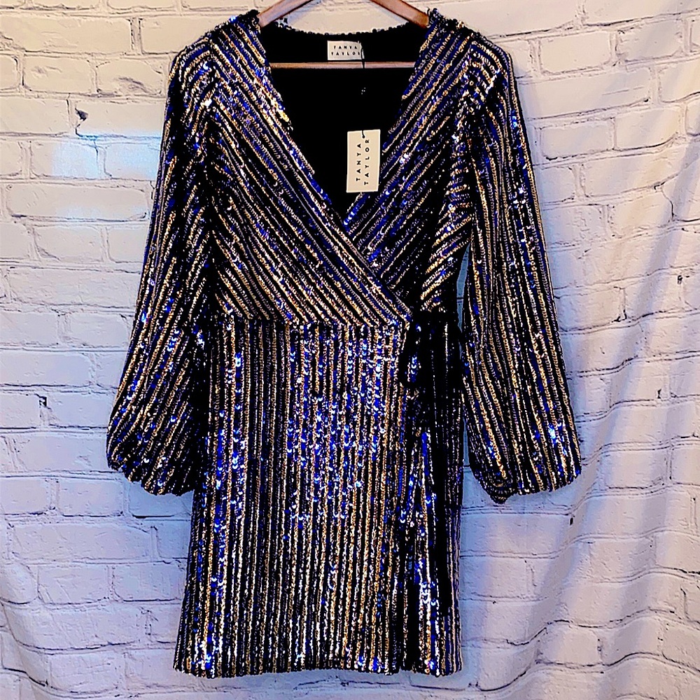 Tanya Taylor Tabitha Blue Black Silver Gold Sequin Party Wrap Dress Size 6